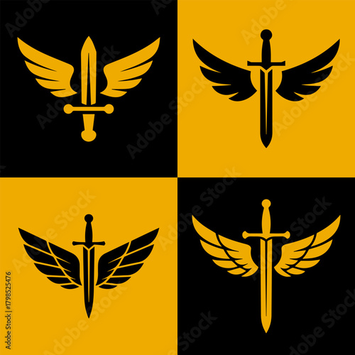 Four stylized winged swords in gold and black contrasting backgrounds representing power and victory
