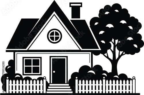 Stylized illustration of a house with a tree and fence