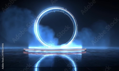 Futuristic glowing blue ring portal on a dark industrial stage with reflective floor and atmospheric smoke effects representing technology and digital gateways