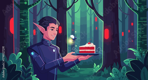 Enchanting forest scene featuring an elf offering a delectable slice of cake
