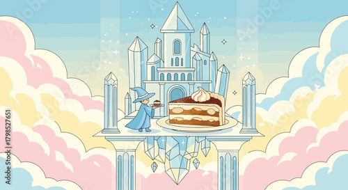 Whimsical wizard delivering cake on crystal platform amidst ethereal clouds