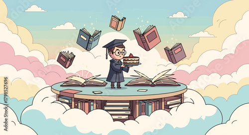 A scholar's achievement floats among clouds with books and celebratory treat
