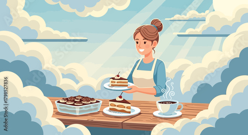 Cartoon Illustration of Woman Serving Tiramisu and Coffee amidst a Sky Backdrop
