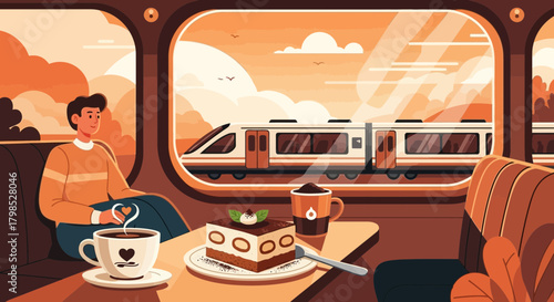Tranquil train journey with dessert and beverage in an illustration style
