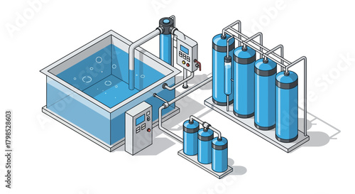 Isometric illustration of a water purification system featuring a tank of water connected to a series of filtration cylinders and control panels.