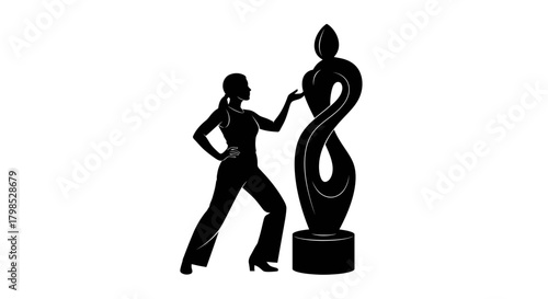 A black silhouette vector of a female artist or sculptor standing confidently next to and touching a tall, abstract, curvaceous modern sculpture against a white background.