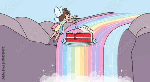 Fantasy fairy sprinkles magic on cake over a rainbow waterfall landscape