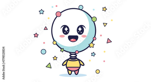 A kawaii cartoon mascot character with a round planet-like head on a spring neck, surrounded by orbiting stars and geometric shapes, expressing joy and fun.