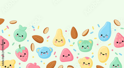 A playful border design featuring kawaii characters of almonds, strawberries, and colorful candies with happy faces on a light green background.