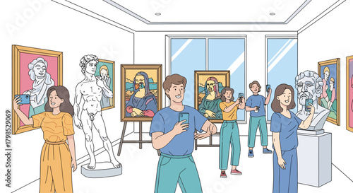 A cartoon-style illustration depicting a group of museum visitors taking selfies and photos with famous art pieces like the Mona Lisa and Michelangelo's David.