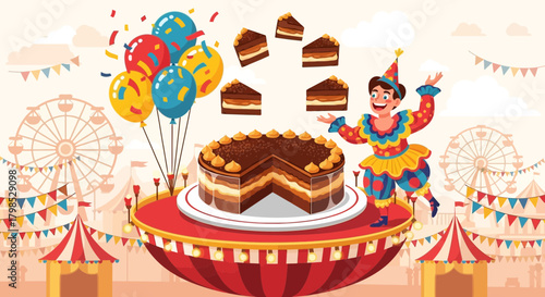 Festive carnival celebration with a delicious cake and playful clown character