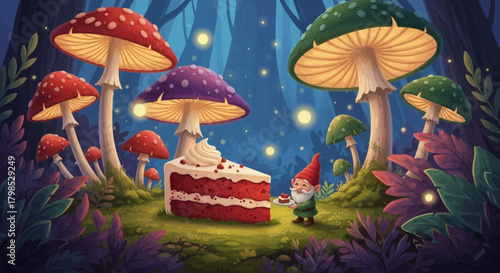 Enchanted woodland scene with a gnome offering cake amid giant mushrooms