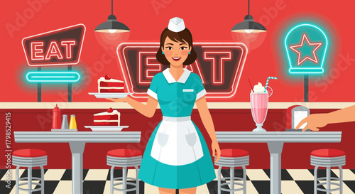 Retro diner waitress with neon signs serves cake and milkshake in vintage style