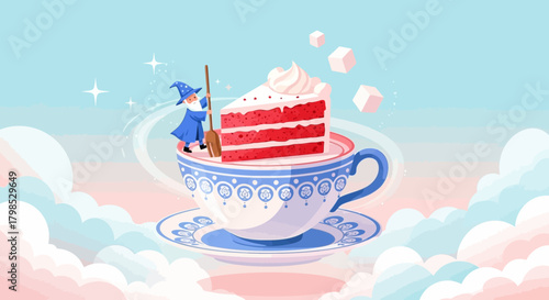 A whimsically magical afternoon tea scene with a wizard and red velvet cake