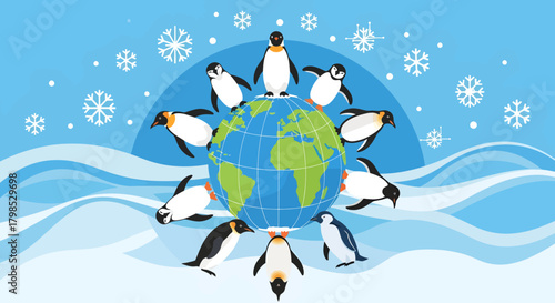 Circular arrangement of penguins standing around a globe Earth with snowy waves and falling snowflakes in a blue winter themed background.