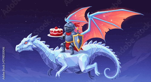 Chivalrous knight delivers celestial cake atop a polygonal crystalline dragon