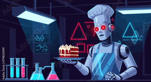 Futuristic pastry chef robot presents cake in digital laboratory setting