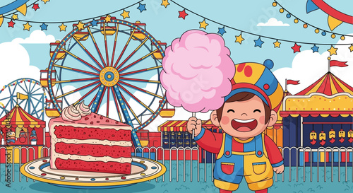 Festive Cartoon Illustration of a Carnival with Cake, Ride and Happy Boy