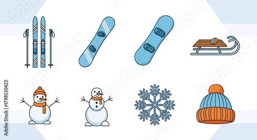 A set of winter themed icons including skis, snowboards, a sled, snowmen, a snowflake, and a wool hat.