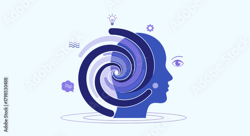 Abstract profile silhouette of a human head with a swirling spiral inside representing creativity, logic, and mental processing surrounded by icons.