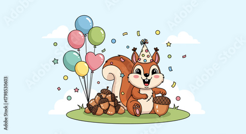 Cute cartoon squirrel wearing a party hat sitting next to a pile of acorns and colorful balloons against a light blue background.
