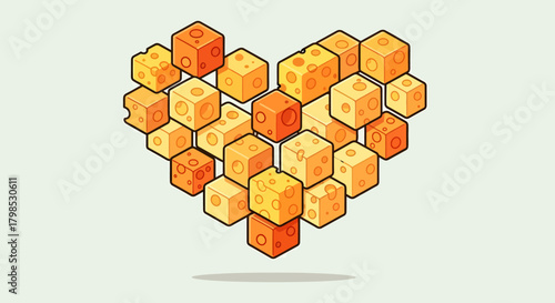 Conceptual illustration of a heart shape formed by arranging various cubes of yellow Swiss cheese with holes.