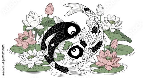 Elegant koi fishes intertwining amidst delicate lotus flowers in a serene pond scene