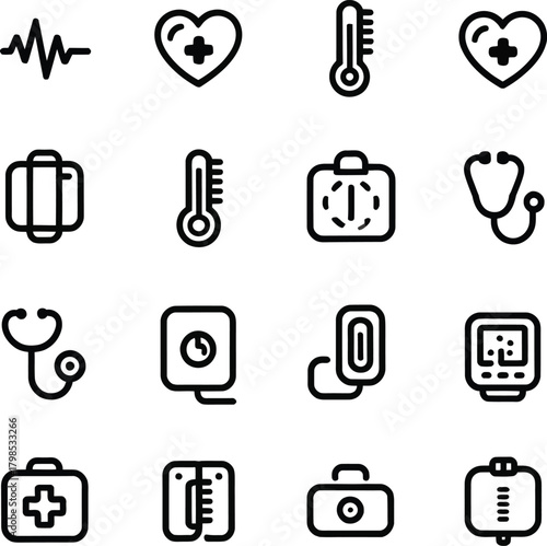 Assortment of Medical and Health Care Outline Icons , medical, health, care, heart, pulse, thermomete