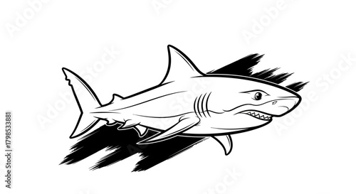 Monochrome depiction of a great white shark enhanced with dynamic brushstroke accents