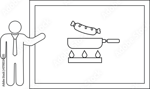 A person presents a drawing of a sausage frying in a pan on a stovetop