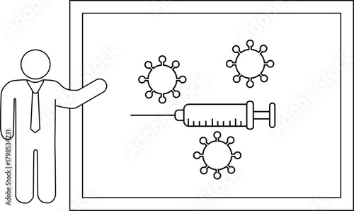 A presenter beside a framed image with a syringe 3 viruses and a plain background