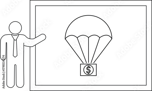 A presenter points to a whiteboard with an image of money descending via parachute