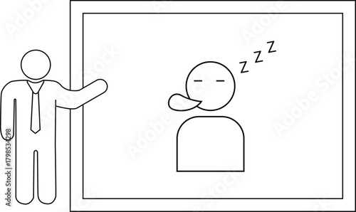 A stick figure presenter points to a drawing of a sleeping person with Zzz above them