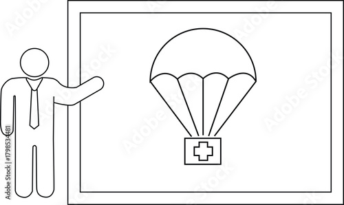 Outline depicts a person presenting a visual aid of a parachute delivering medical supplies on a whiteboard