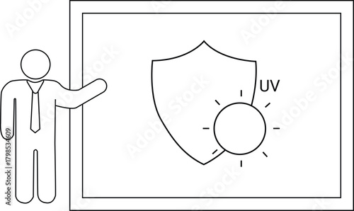 Stick figure presents a whiteboard with shieldsun graphic indicating UV protection