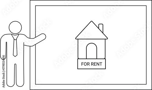 Stickfigure realtor presents a For Rent house on a poster or whiteboard