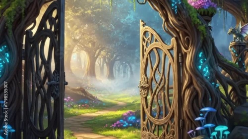 A beautifully crafted fantasy landscape reveals an entrance to a magical forest. An ornate gate opens to reveal a path winding through trees, flowers, and glowing mushrooms. The scene is bathed in eth