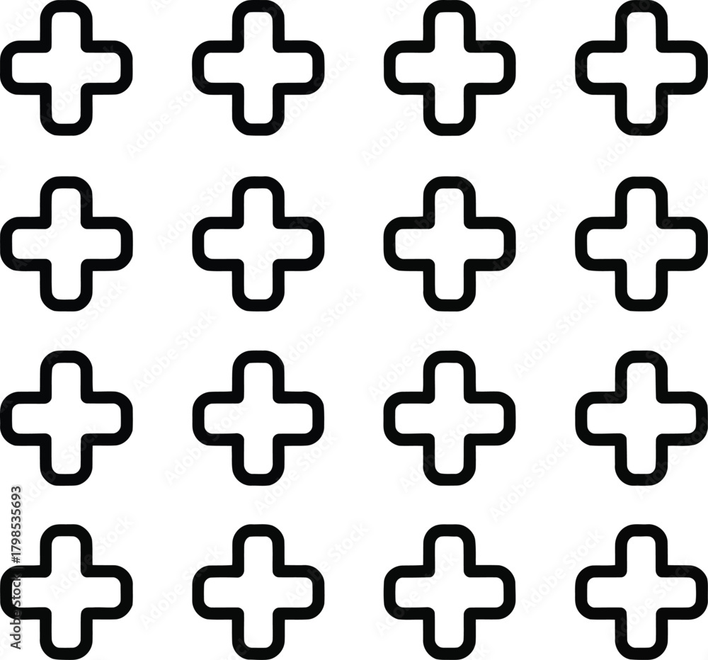 Obraz premium Sixteen black plus sign icons arranged in a 4x4 grid on a white background , plus, sign, icon, symbol, cross, 