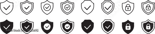 Security Shield Icon Set - Protection, Cyber Safety, and Verified Checkmark Line and Solid Vector Symbols
