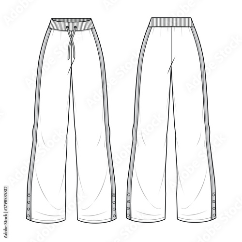 Ladies wide leg trousers front and back view mockup template vector design technical illustration.