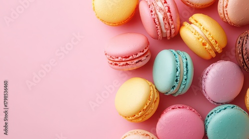 A variety of colorful macarons on a pink background in a topdown shot