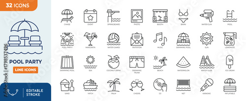 Pool Party line editable icon set. Editable stroke. Vector illustration