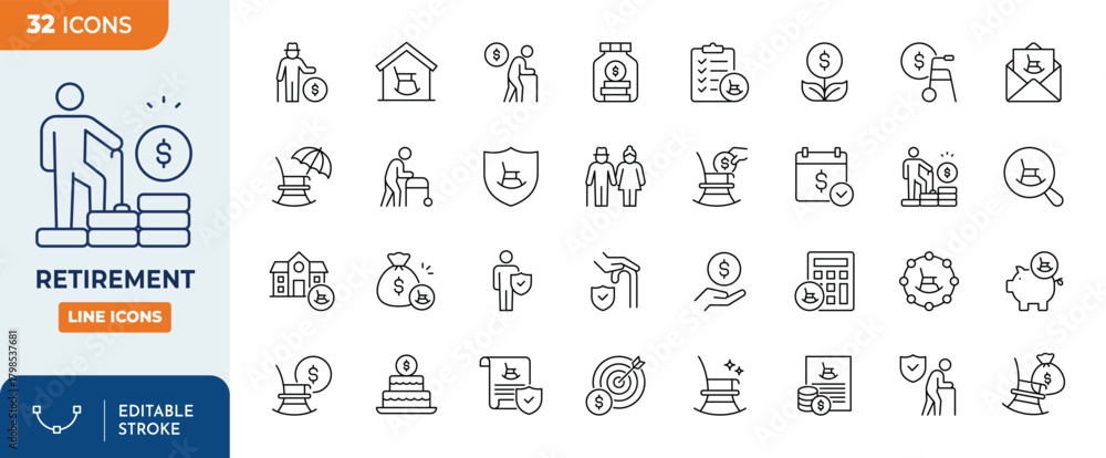 Obraz premium Retirement line editable icon set. Editable stroke. Vector illustration