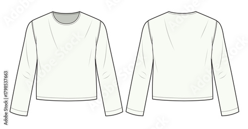 Women's long sleeve t shirt front and back view vector mockup template technical technical line drawing.