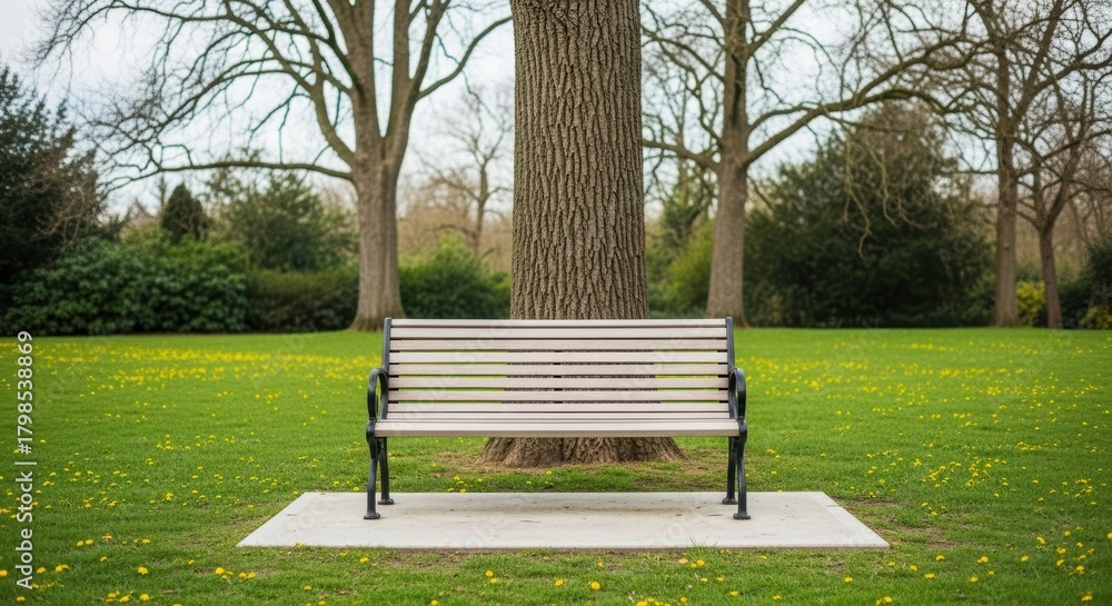 Fototapeta premium Solitary Park Bench in Serene Green Setting. Wooden Bench Under Large Tree in Late Winter Park. Inviting Bench on Concrete Slab with Yellow Flowers.