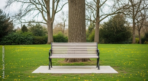Solitary Park Bench in Serene Green Setting. Wooden Bench Under Large Tree in Late Winter Park. Inviting Bench on Concrete Slab with Yellow Flowers.