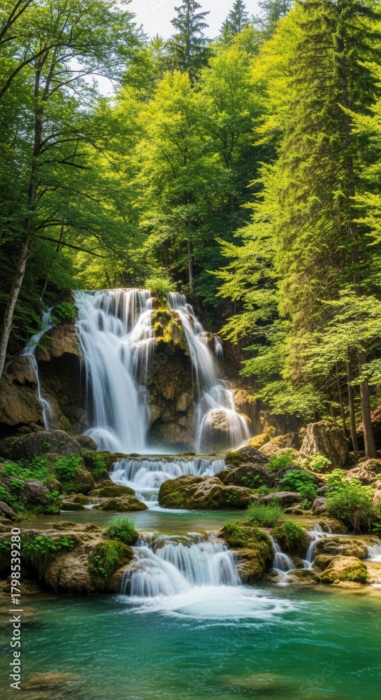 Fototapeta premium Multi-Tiered Forest Waterfall with Dappled Sunlight. Gentle Cascades Over Weathered Rocks in Green Setting. Sunlight Filtering Through Canopy on Turquoise Water.