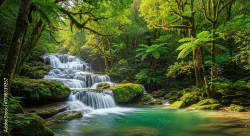 Multi-Tiered Forest Waterfall with Dappled Sunlight. Gentle Cascades Over Weathered Rocks in Green Setting. Sunlight Filtering Through Canopy on Turquoise Water.