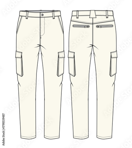 Man cargo pant front and back view technical flat drawing vector mockup illustration.