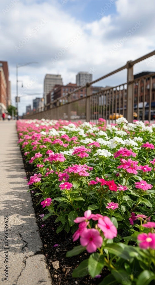 Fototapeta premium Close-Up of Pink Flowers Along Urban Concrete Pathway. Vibrant Flower Bed in an Urban Setting Video. Pink and White Flowers Against Blurred Street.